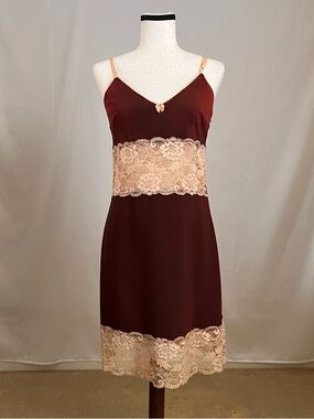 Vintage 90s D&G - Brown Slip Dress with Tan Lace Trim - 46 IT / U.S. 10
